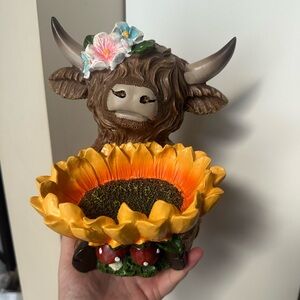 Hobby Lobby Highland Cow Figurine with Sunflower Bowl
